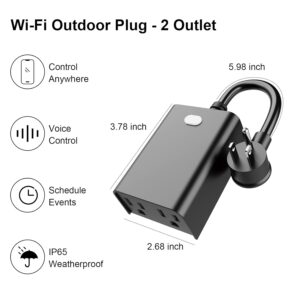 WiFi Outdoor Smart Plug, Smart Plugs That Work with Google Home for Voice Control, Wireless Remote APP Control Smart Outlet Timer with 2 Grounded, No Hub Required, ETL FCC Certified