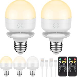 SCOPOW 2Packs E26 Rechargeable Light Bulbs with Remote Control Timer and 3 Color Temperature Magnetically Battery Operated Light Bulbs Dimmer for Non-Hardwired Detachable (5W+E26+3Colors+2PC)
