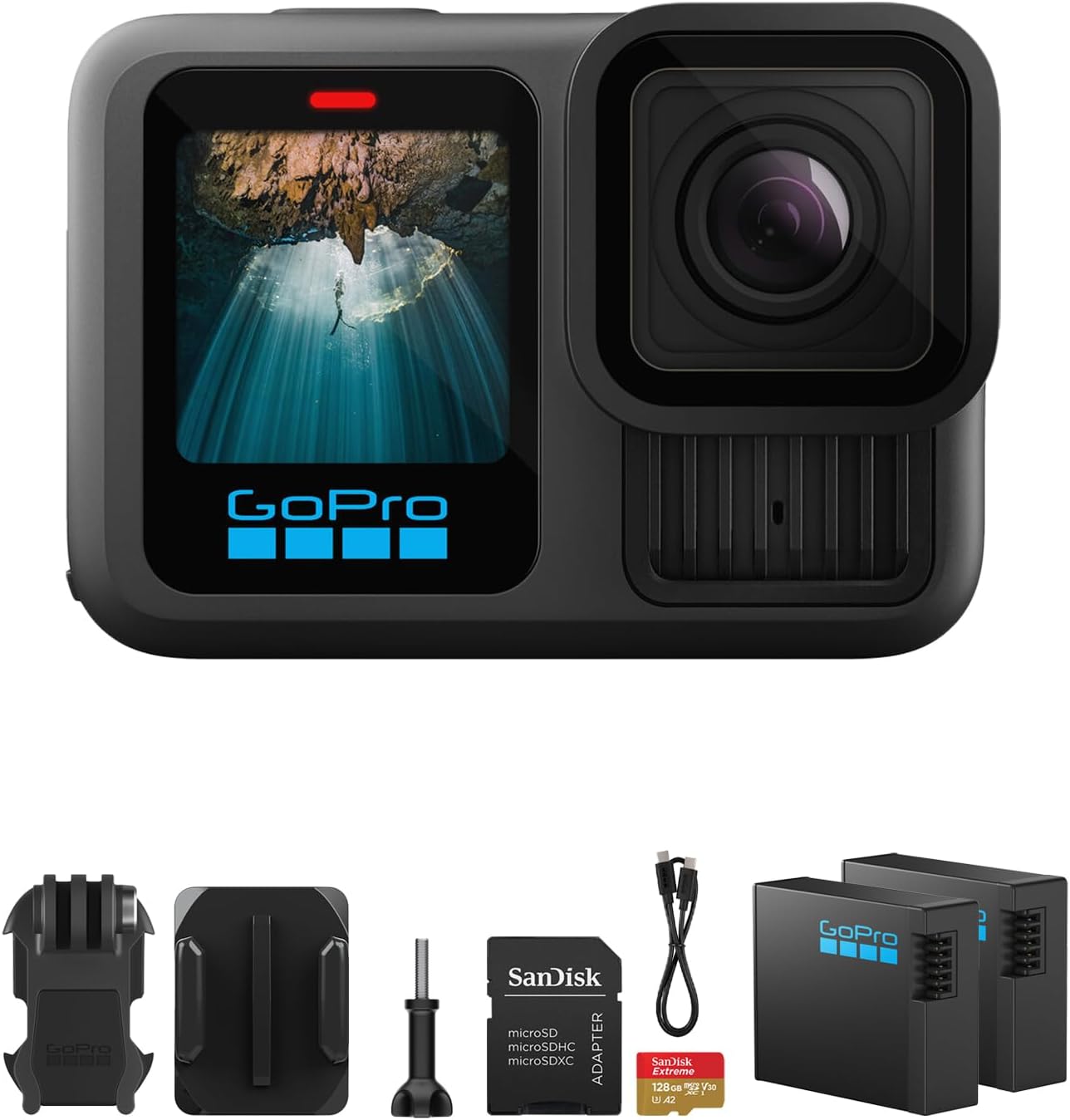 GoPro HERO13 Black Waterproof Action Camera | 27MP, 5.3K60 Ultra HD Video, Supports HB-Series Lenses with Extra Enduro 1900mAh Li-Ion Battery & 128GB Extreme microSDXC Memory Card Bundle Set