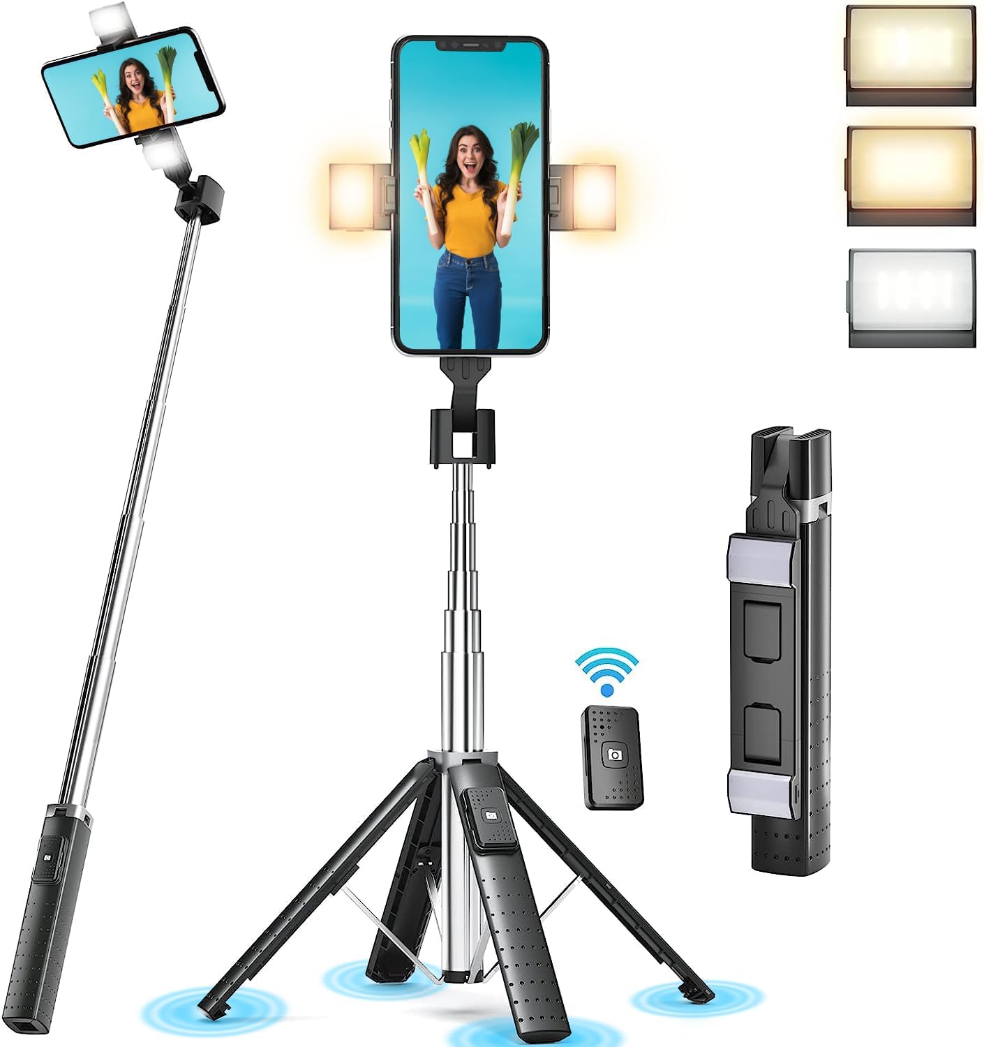 41” Selfie Stick Tripod Quadrapod with 2 Rechargeable Fill Light, Extendable Tripod with Bluetooth Remote, Stainless Steel, 3 Light Modes, 9 Brightness Levels, Compatible for All iPhone & Android