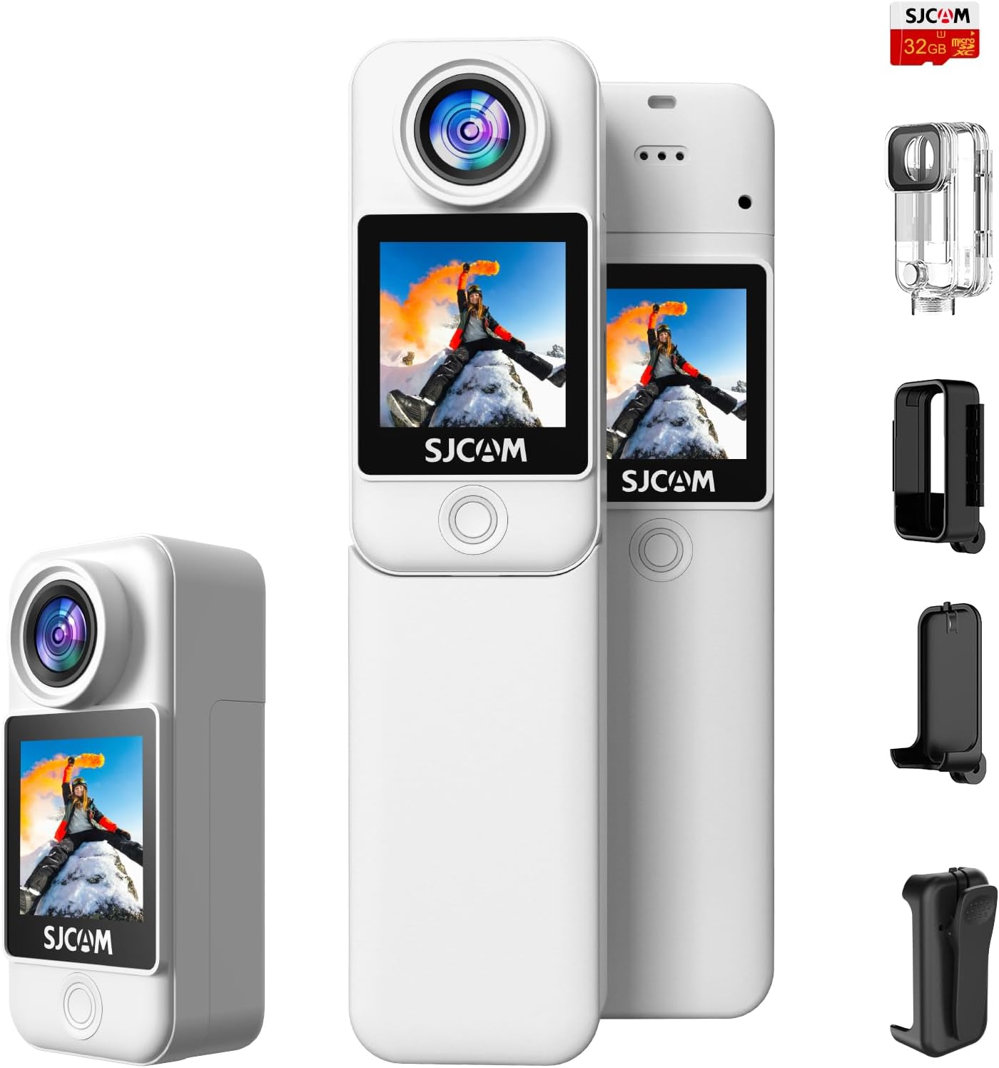 SJCAM C300 Pocket Camera, 3800mAh Battery Action Camera, 4K Body Camera, Stabilization, Waterproof, Dual-Touch Screen, Suitable for Vlogging and Live Streaming, with Helmet Mount Kits, White