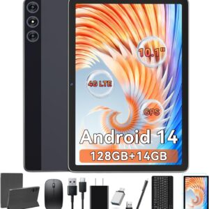 Tablet 10 Inch Android 14 Tablet, Octa-Core 5G WiFi, 4G Cellular Tablet 128GB ROM 14GB RAM, 2025 Latest Tablet with Keyboard Bundle 1TB Expand Android Tablet 13MP+8MP Dual Camera, GPS Tab HD Display