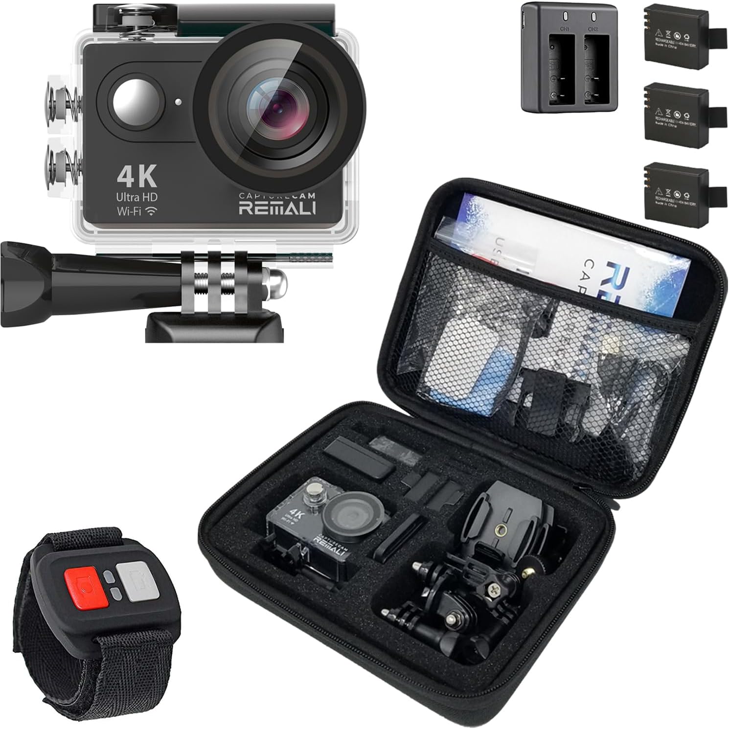 REMALI CaptureCam 4K Ultra HD and 12MP Waterproof Sports Action Camera Kit with Carrying Case, 3 Batteries, Dual Battery Charger, 2” LCD Screen, WiFi, Remote Control, and 21 Mounts and Accessories