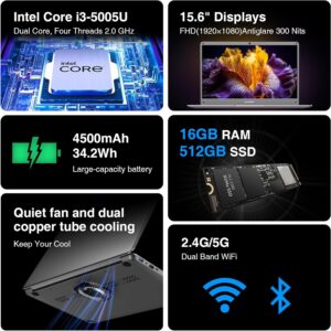 Laptop Computer, 15.6-inch FHD Display, 16GB RAM, 512GB SSD, Intel Core i3 Processor, Windows 11 Notebook for Students, 2.4G/5G WiFi, Ethernet RJ45, Numeric Keypad, USB-A, HD&MI