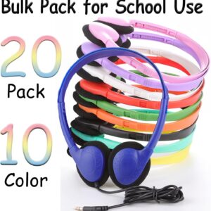 20 Pack Bulk Classroom Headphones for Students Kids School, Wholesale Headphones Class Set with 3.5mm Jack for Chromebook Laptop PC Computer(10 Mixed Colors)