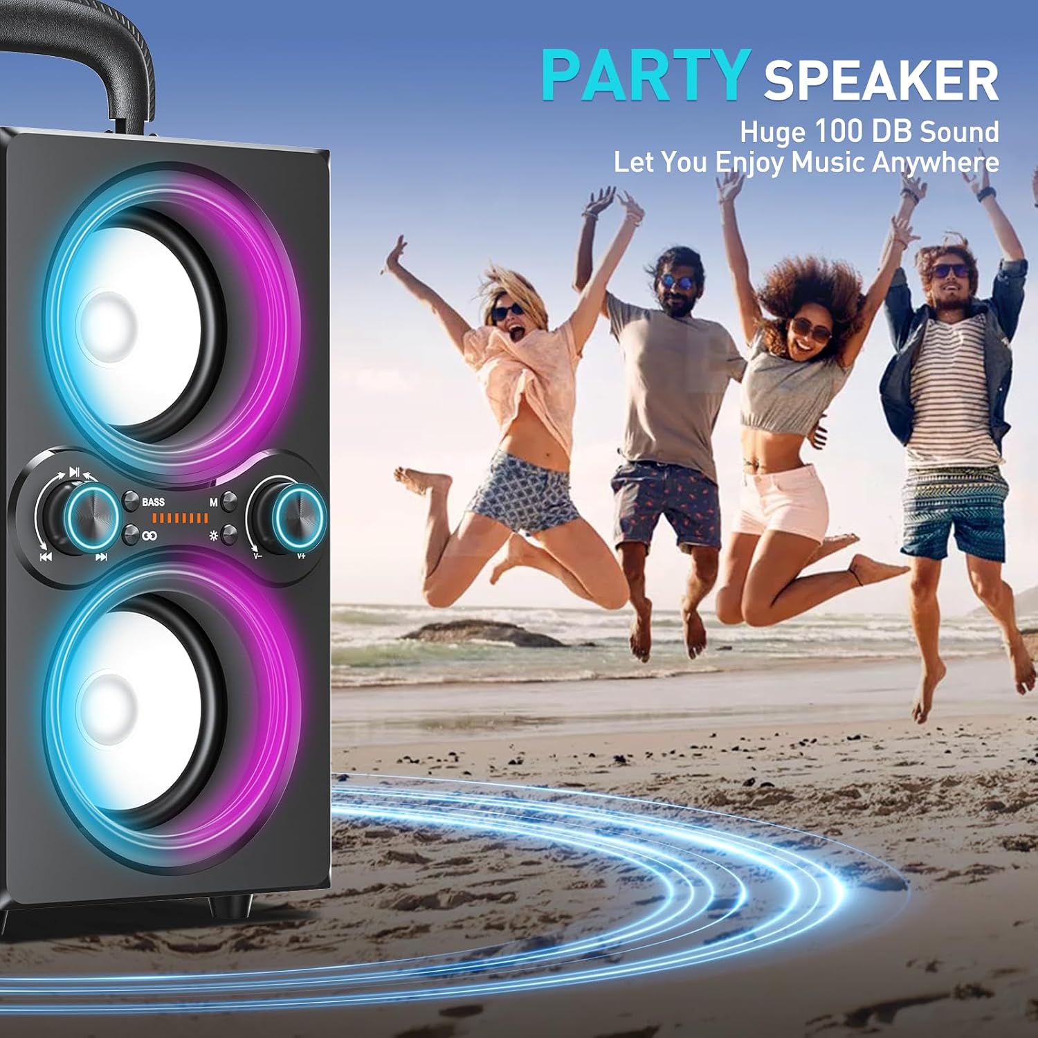 Bluetooth Speakers, 80W(Peak) Wireless TWS Portable Bluetooth Speaker, Beat-Driven Lights, 100dB Loud Stereo Speaker with BassUp, Speakers with Subwoofer for Outdoor, Party, Camping - Image 6