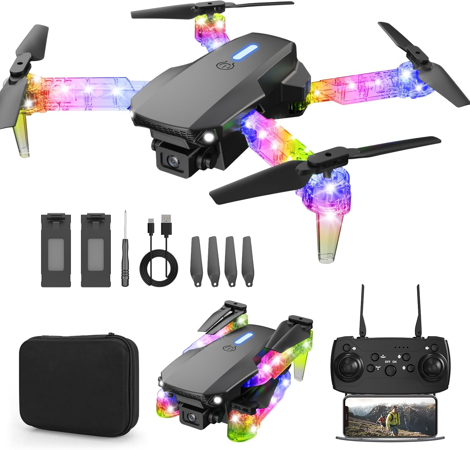 Light up Drone with Camera 1080P for Kids Foldable Mini Drone for Kids Adults Beginners Boys Toys Auto Return One Key Take Off Gifts for Boys