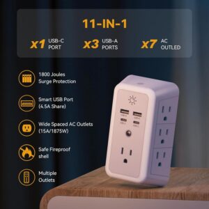 Multi Plug Outlet, USB Wall Charger, Surge Protector, 7 Outlet Extender with 4 USB Charging Ports (2 USB C) 1680J Power Strips Outlets with Night Light, Wall Plug Adapter Spaced for Home Travel Office