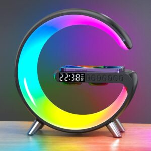 BKDRL Bluetooth Speaker Wireless Charger with Portable Small Mini Speaker,Wireless Atmosphere Lamp,Multifunctional RGB Night Light Alarm Clock & Charging Station,App Control (Black) (ZORAST-803)