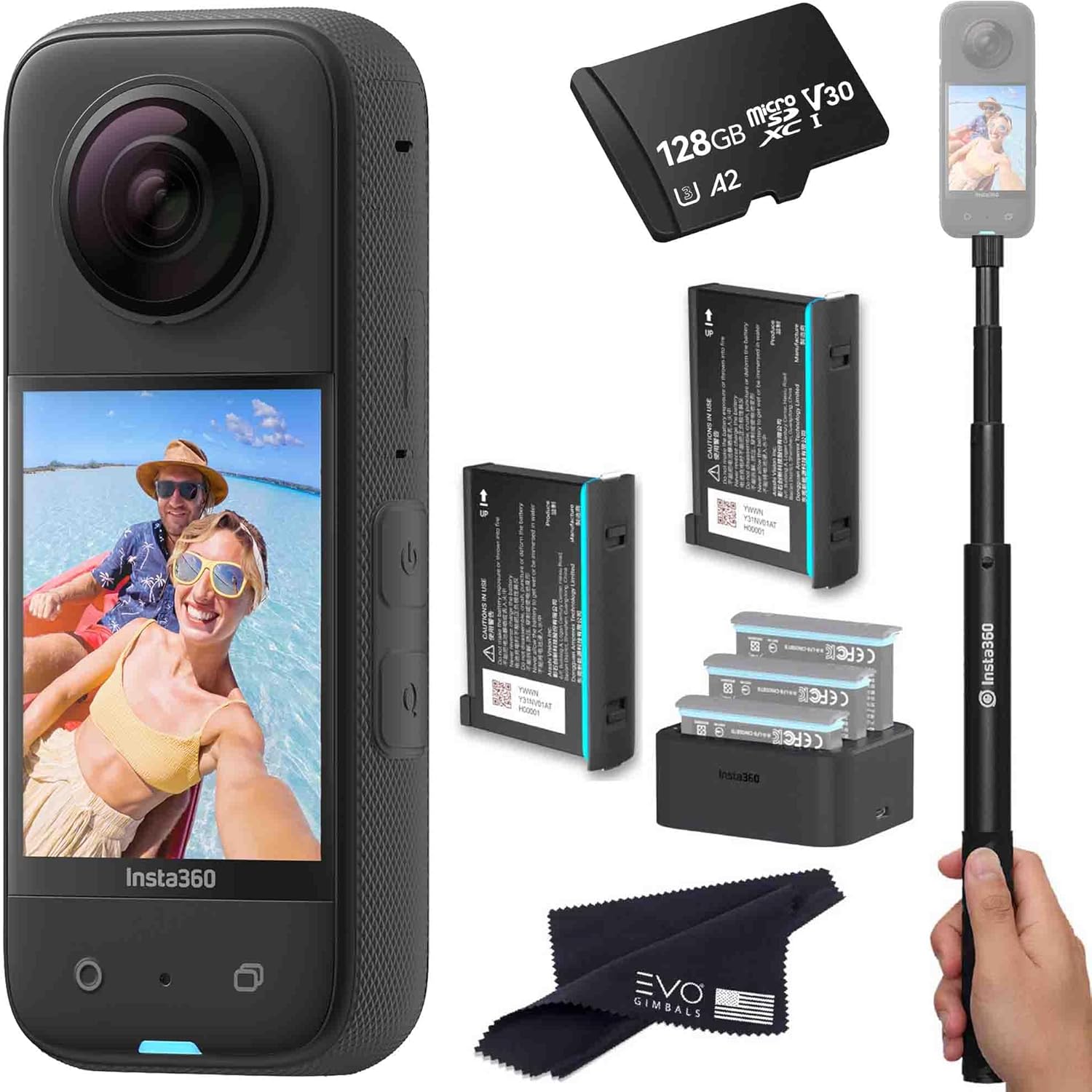 Insta360 X3 – Waterproof 360 Action Camera Bundle Includes Extra 2 Batteries, Charger, Invisible Selfie Stick & 128GB Memory Card