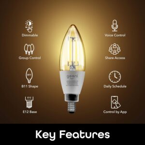 Geeni LUX Edison B11 Filament WiFi LED Smart Bulb, B11 Candelabra, 4W, E12 Base, Dimmable, White Light, Compatible with Amazon Alexa & Google Home – No Hub Required- 4 Pack