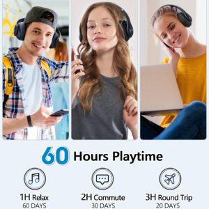 Bluetooth Headphones Over Ear, 60 Hours Playtime Foldable Headphones Wireless Bluetooth Hi-Fi Stereo Deep Bass with 6 EQ Modes, Adjustable Lightweight Headset with Microphone, FM, SD/TF for Adults