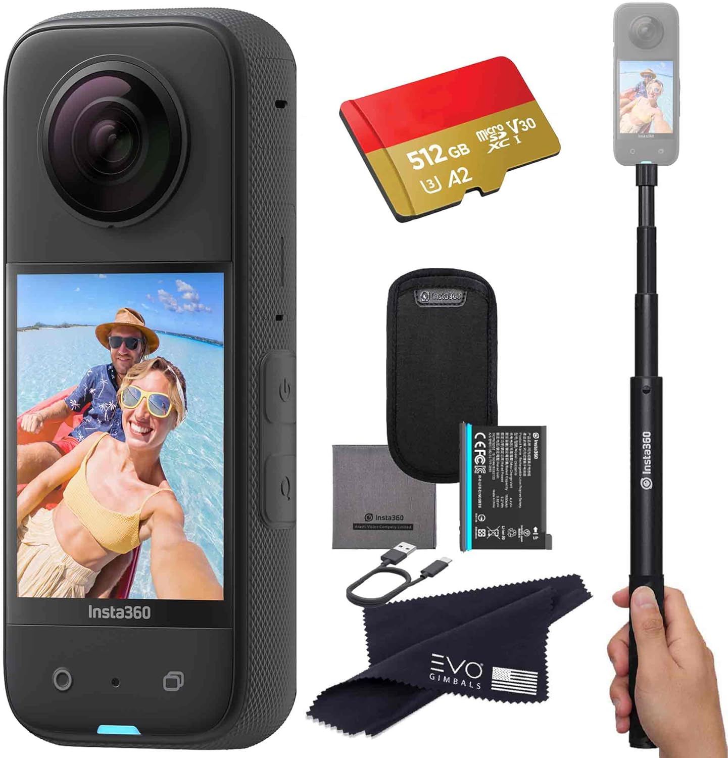 Insta360 X3 Basic Bundle- Waterproof 360 Action Camera with 1/2″ 48MP Sensors, 5.7K 360 HDR Video, 72MP 360 Photo, 60fps Me Mode, 2.29″ Touchscreen, AI Editing |Bundle Includes Selfie Stick&512GB