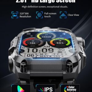 LIGE Military Smart Watch for Men(Answer/Make Calls) with LED Flashlight, 2.01″ Outdoor Rugged Smartwatch, 45 Days Extra-Long Battery, 100+ Sports Fitness Tracker Watch, Smart Watch for Android iOS