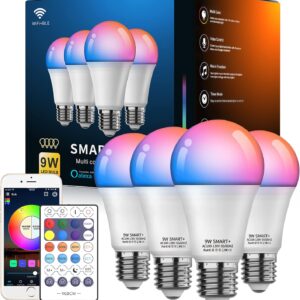 Smart Light Bulbs 4Pack with Remote, A19 E26 800LM LED Color Changing Light Bulb, WiFi & Bluetooth 5.0, Warm to Cool White, Dimmable, RGB Smart Home Lighting Work with Alexa Google Assistant