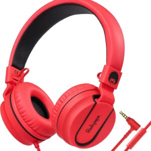 rockpapa 950 Wired Headphones for Kids Girls Boys for School Classroom with Microphone, On-Ear Foldable Corded Headphones with Jack 3.5mm for Laptop Computer Tablet Chromebooks Black Red