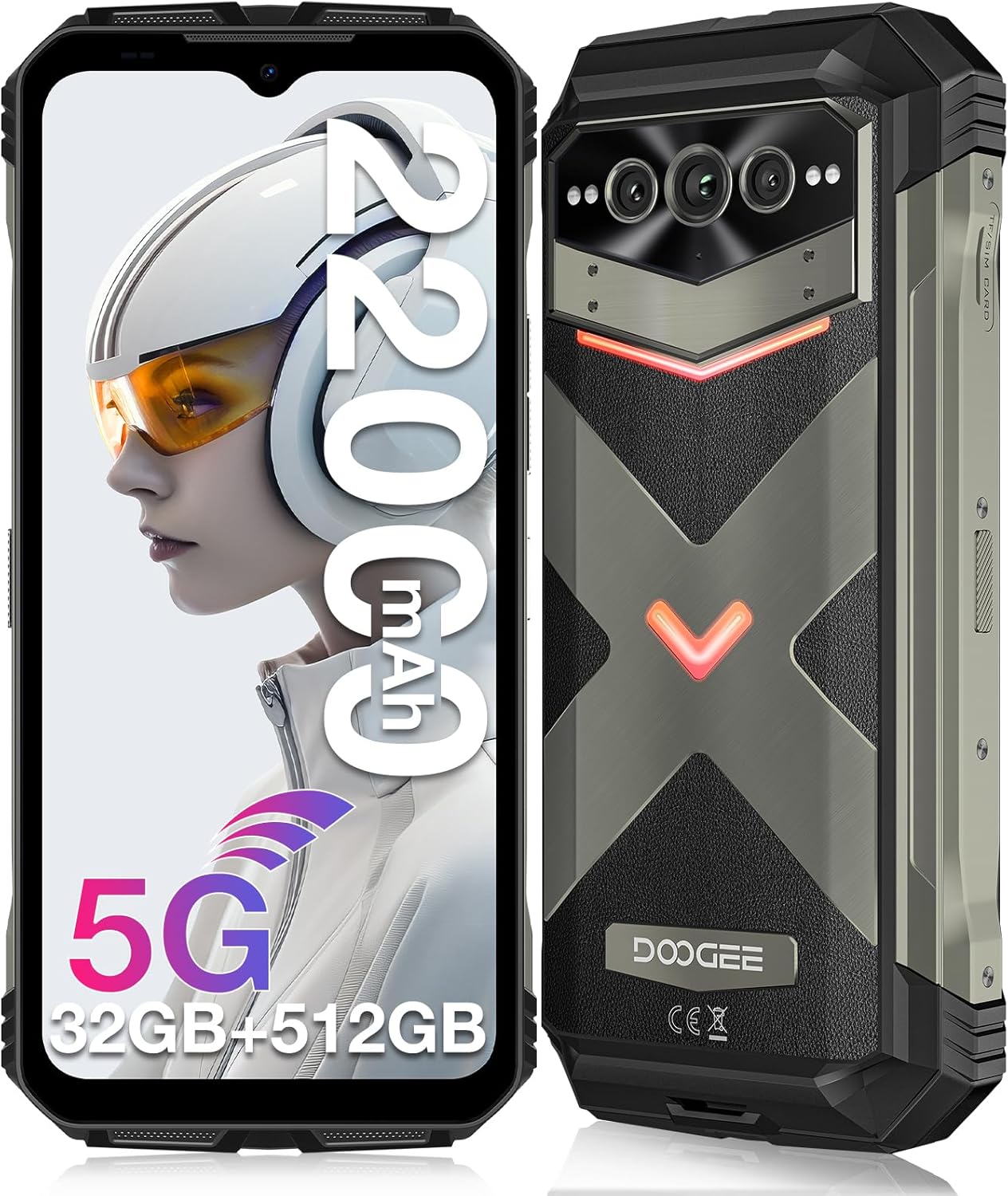 DOOGEE V MAX Pro(2024) 5G Rugged Phone,22000mAh,32GB+512GB/TF 2TB,Android 14 Rugged Smartphone,108MP+20MP Night Vision Phone, 6.58″ FHD+ 120Hz IPS Screen, IP68/IP69K Waterproof Phone,NFC/OTG/Face ID