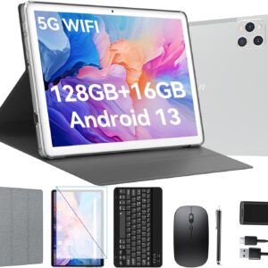 Android Tablet 10 Inch, 2024 Latest Android 13 Tablet, 128GB Storage+16GB RAM (8+8Virtual), Octa-Core Processor, 5G WiFi Tablet, 2 In 1 Tablet with Keyboard and Case, 13MP+8MP Camera (Silver)