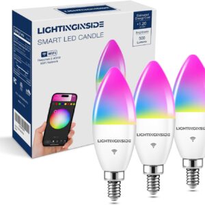 E12 Smart Bulb 60W Equivalent, 500LM 6W WiFi Candelabra LED Light Bulb Compatible with Alexa/Google Home, No Hub Required, RGBCW Chandelier Candle Bulb, 2.4G WiFi Only, ETL Listed, 3PCS
