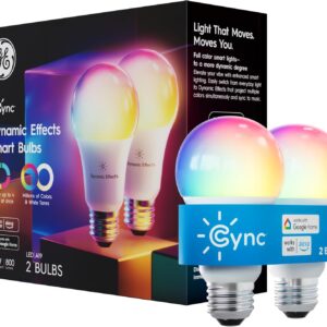 Cync GE Dynamic Effects A19 Smart LED Light Bulb, Color Changing Smart WiFi Light, Compatible with Alexa and Google Home (2 Pack)
