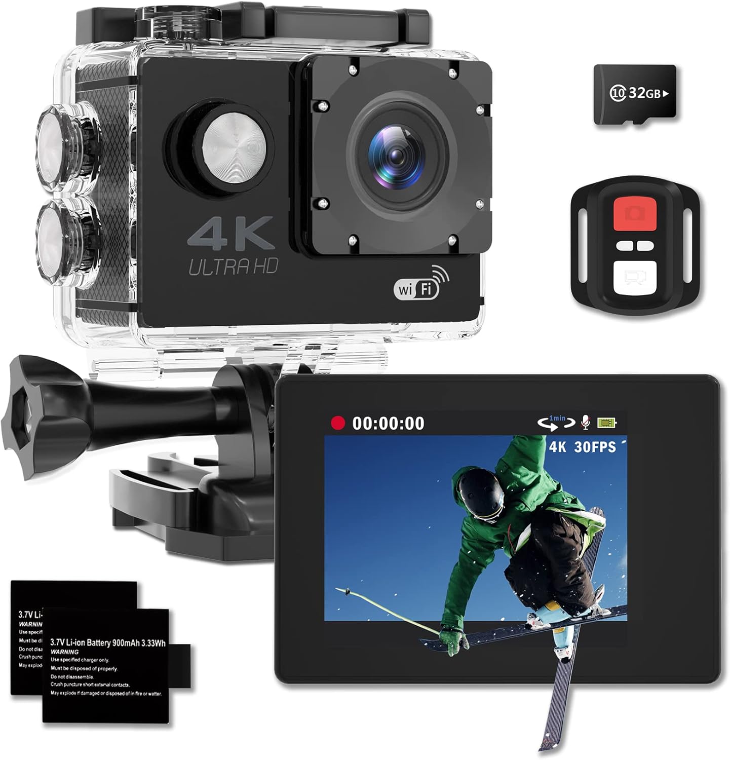 Action Camera 4K 30fps, 30m/98ft Ultra HD Underwater Camera, 170° Wide Angle 2.0″ Screen Waterproof Cameras with WiFi, Sports Cameras with 2 Batteries, 32G SD Card, Mounting Accessories Kit