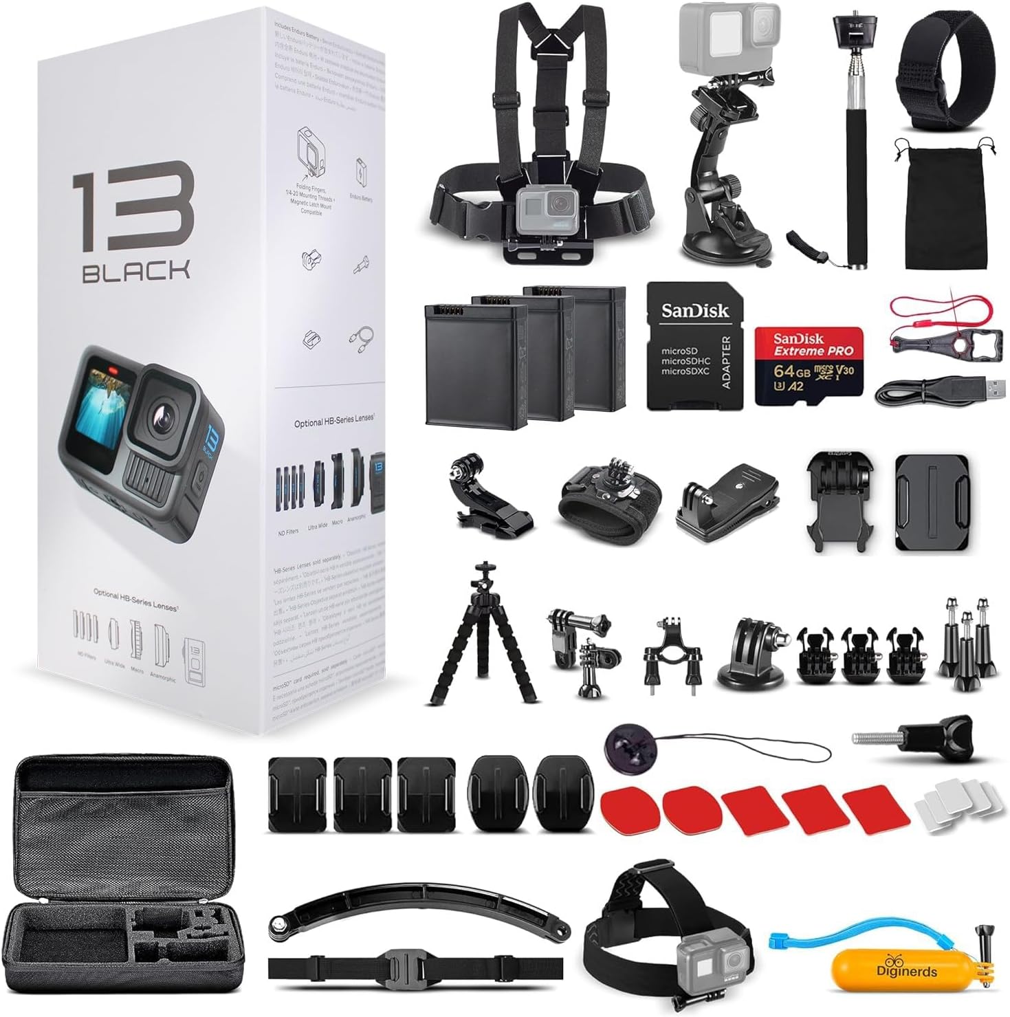 GoPro HERO13 (Hero 13) Black – with 50 Piece Accessory Kit and 2 Extra Batteries + 64GB Card – Waterproof Action Camera – 5.3K HDR, 27MP Photos, 1/1.9″ Sensor, Live Streaming, Webcam, Stabilization