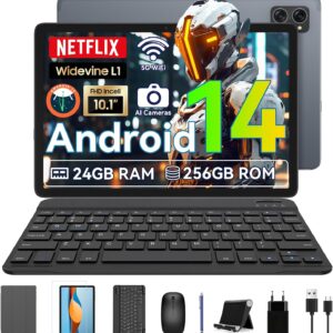 2025 Android 14 Tablet 10 inch Octa-Core Tablets with 24GB RAM+256GB ROM(Expand to 2TB), 1920×1200 IPS FHD Touch Screen, Widevine L1, 2 in 1 Tablet with Keyboard Mouse Stylus, Gray