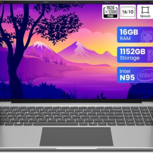 jumper Laptop, N95 CPU(Up to 3.4GHz), 16GB RAM 1152GB Storage, Laptop Computer with 16 Inch FHD IPS Display(1920×1200), 38WH Battery, 2.4G+5G WiFi, BT4.0, 2 Speakers, Numeric Keypad.