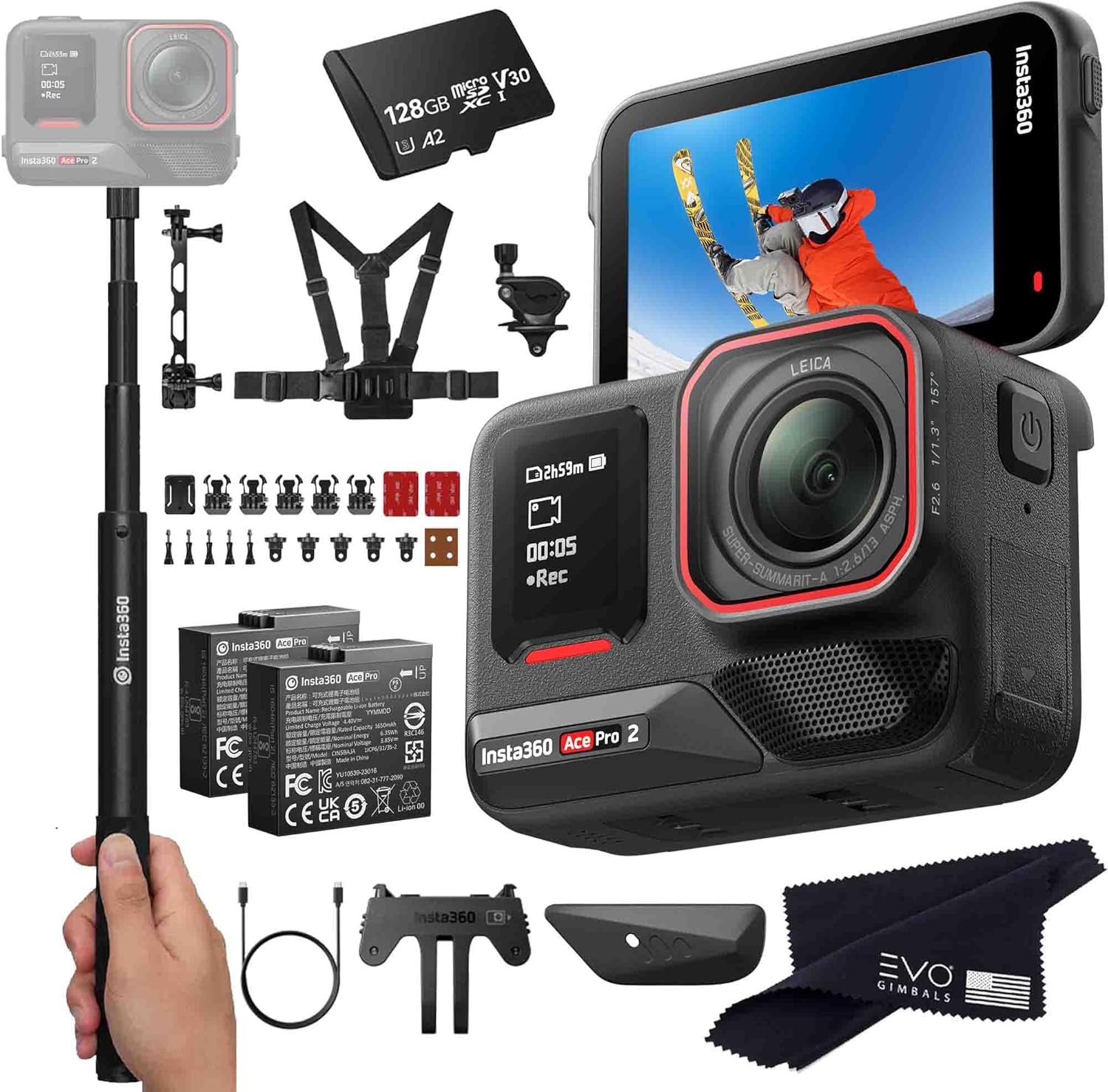 Insta360 Ace Pro 2 Snow Bundle- 8K Waterproof Action Camera Co-Engineered with Leica, Flagship 1/1.3″ Sensor, 8K30, 2.5″ Flip Screen|Includes Snow Bundle, Invisible Selfie Stick (128GB)
