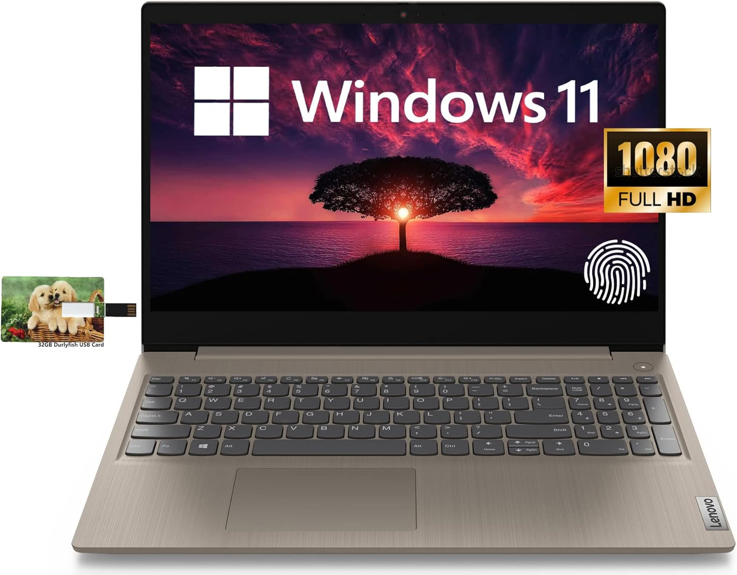 Lenovo New IdeaPad 3i Business Laptop, 15.6″ FHD Display, Intel Core i3-1115G4, Windows 11 Home, 8GB RAM 256GB SSD, Almond, 32GB Durlyfish USB Card