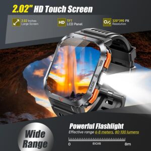 Military Smart Watches for Men Answer Make Calls 2.02” Outdoor Sports Smartwatch with Flashlight Compass Big Battery SOS Heart Rate Sleep Monitor 3ATM Waterproof Fitness Watch for iPhone Android