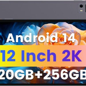 Tablet 12 inch Android 14 Tablet, 20(8+12) GB RAM 256GB ROM (Expandable to 1TB), T616 CPU, 8000mAh Battery, 18W PD Fast Charger, 4 Speakers, 5G WiFi + 4G LTE, Dual 13+5MP Camera, GPS (Gray)