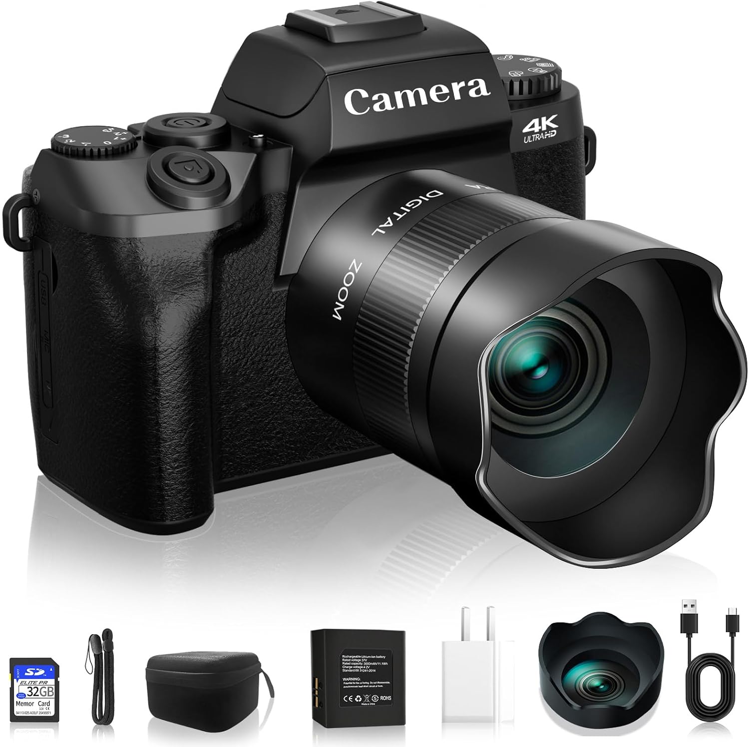 Digital Cameras for Photography, NIKICAM 4K 64MP WiFi Vlogging Camera for YouTube with Dual Camera, 4″ Touch Screen Compact Camera with Flash, 32GB SD Card, Lens Hood & 3000mAH Battery-Black