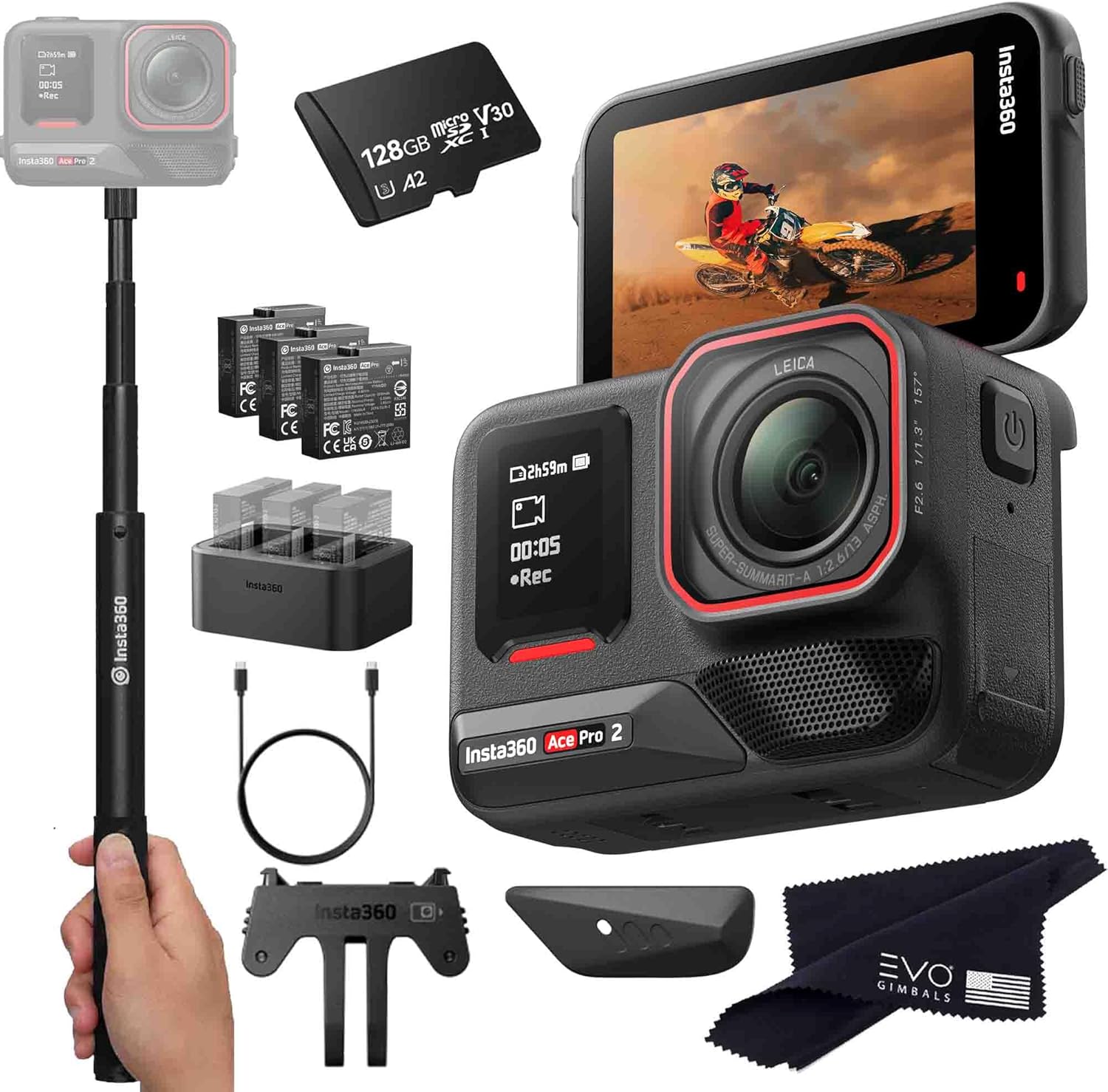 Insta360 Ace Pro 2 Battery Bundle- 8K Waterproof Action Camera Co-Engineered with Leica, Flagship 1/1.3″ Sensor, 8K30, 2.5″ Flip Screen|Includes Extra Battery, Charger, Invisible Selfie Stick (128GB)