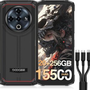 DOOGEE Fire 6 Power Rugged Smartphone, Dual Light Flashlight,15500mAh/33W Rugged Phone,20GB+256GB,50MP, Android 14, Unlocked Cell Phone with 3-in-1 Data Cable, Dual Unlock/NFC/GPS/OTG/IP69K(Black)
