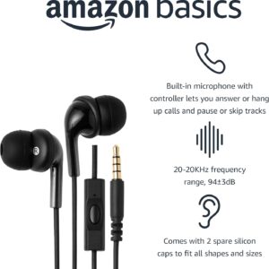 Amazon Basics 3.5mm Jack Wired Earbuds with Microphone, In Ear Headphones, 4.2 ft long cable, S/M/L Ear Tips, Black