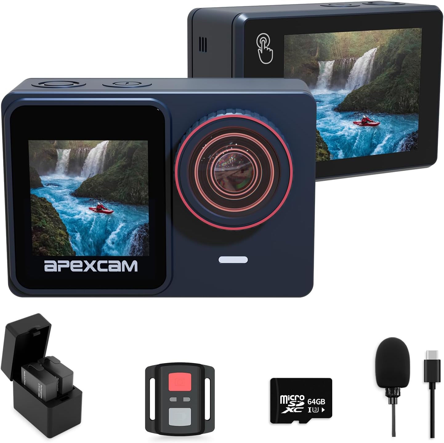 Apexcam Action Camera 4K/60FPS with 64GB SD Card,131FT Waterproof Underwater Camera 48MP Sports Camera WiFi Touch Screen Helmet Camera with External Mic, Remote Control,Mounting Accessories Kit