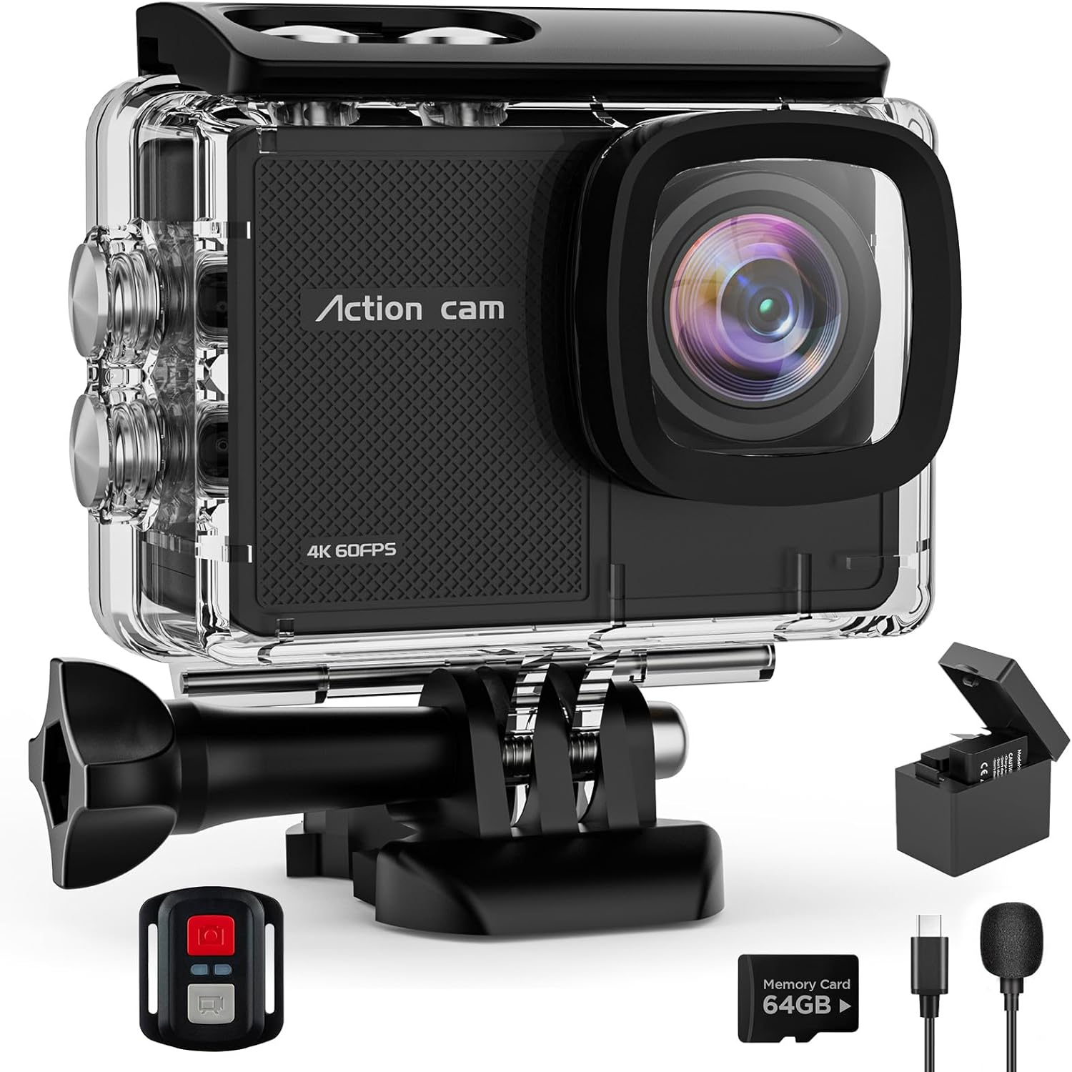 4K Action Camara Waterproof with 64G Crad- 60FPS 48MP HD WIFI Camera with EIS 40M Underwater Camera 170°Wide Angle Sports Camera with 2.4G Remote Control 2 Batteries Helmet Mount Accessories Kits
