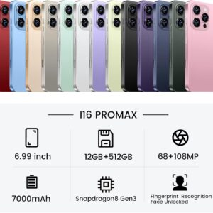 Huness I16 ProMAX 12+512GB Smartphone Unlocked Cell Phone,6.99″ HD Screen Unlocked Phones,Battery 7000mAh Android 13,Face ID/Fingerprint Button unlock/Photos/5G/Dual SIM/GPS (Grey, 12+512)