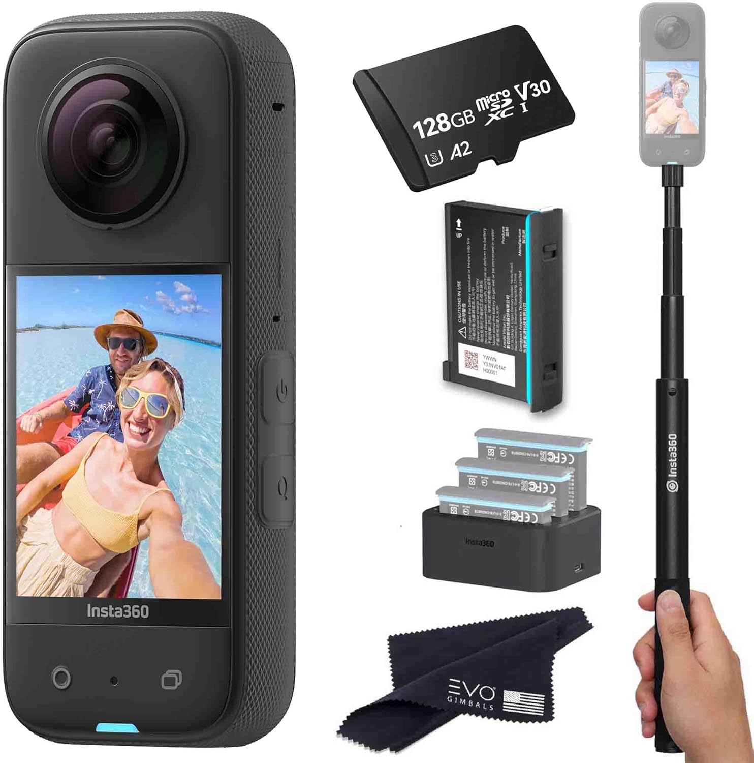 Insta360 X3 – Waterproof 360 Action Camera Bundle Includes Extra Battery, Charger, Invisible Selfie Stick & 128GB Memory Card