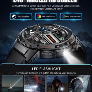 Military Smart Watches for Men with LED Flashlight(Answer/Make Calls),530mAh Large Battery,1.43’’ AMOLED,5ATM Waterproof Smartwatch for Android iOS,130+Sport Modes Heart Rate/Sleep Monitor Leather