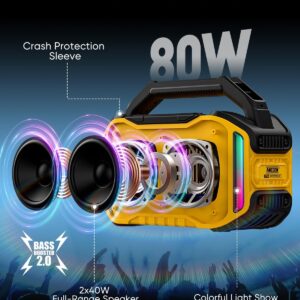 Speakers Bluetooth Wireless: 80W(Peak) Loud Speaker with Bass, 20H Playtime, IPX6 Waterproof, Large Jobsite Speakers for Work, Outdoor, Workshop, Garage, Portable Speaker with Subwoofer&TWS