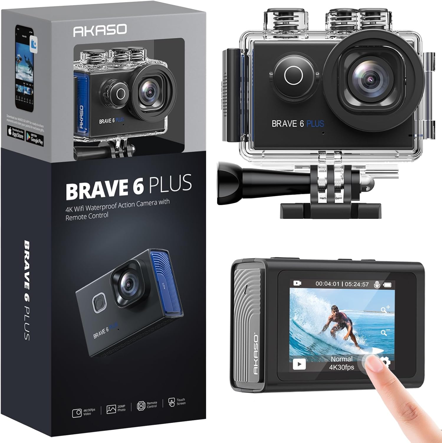 AKASO Brave 6 Plus Native 4K30FPS 20MP WiFi Action Camera with Touch Screen EIS 4X Zoom Voice Control Remote Control 131 Feet Underwater Camera with 2X 1350mAh Batteries and Helmet Accessories Kit