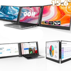 QQH Laptop Screen Extender, 15.6” Triple Portable Monitor for Laptop with Ultra-Slim FHD IPS Display, USB-C Plug and Play Extended Screen Compatible with MacOS, Windows, Android for 12-17″ Laptops