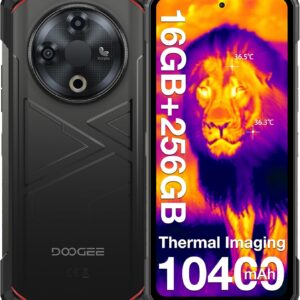 DOOGEE Fire 6 Rugged Smartphone, Thermal Imaging Camera, 10400mAh,16GB+256GB/TF 2TB Rugged Phone, 50MP AI Camera, 6.56″ HD+IPS Unlocked Cell Phone, 3 Cards Slot/IP68/IP69K/Face Unlock/Fingerprint/OTG