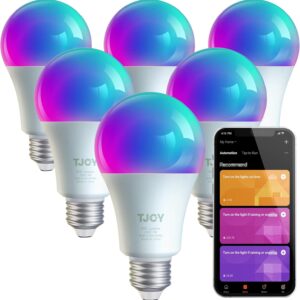 TJOY 6 Pack Smart Led Light Bulbs, WiFi Bulbs Work with Alexa&Google Home, RGB Color Changing Lights, Music Sync, A19 E26 9W (60W Equivalent),2700-6500K, 800LM, APP Control (2.4Ghz Only)