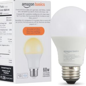 Amazon Basics Smart A19 LED Light Bulb, Dimmable Soft White (2700K), 9W (60W Equivalent), 800LM, Works with Alexa Only, 2.4 GHz Wi-Fi, No Hub Required, 1 Pack