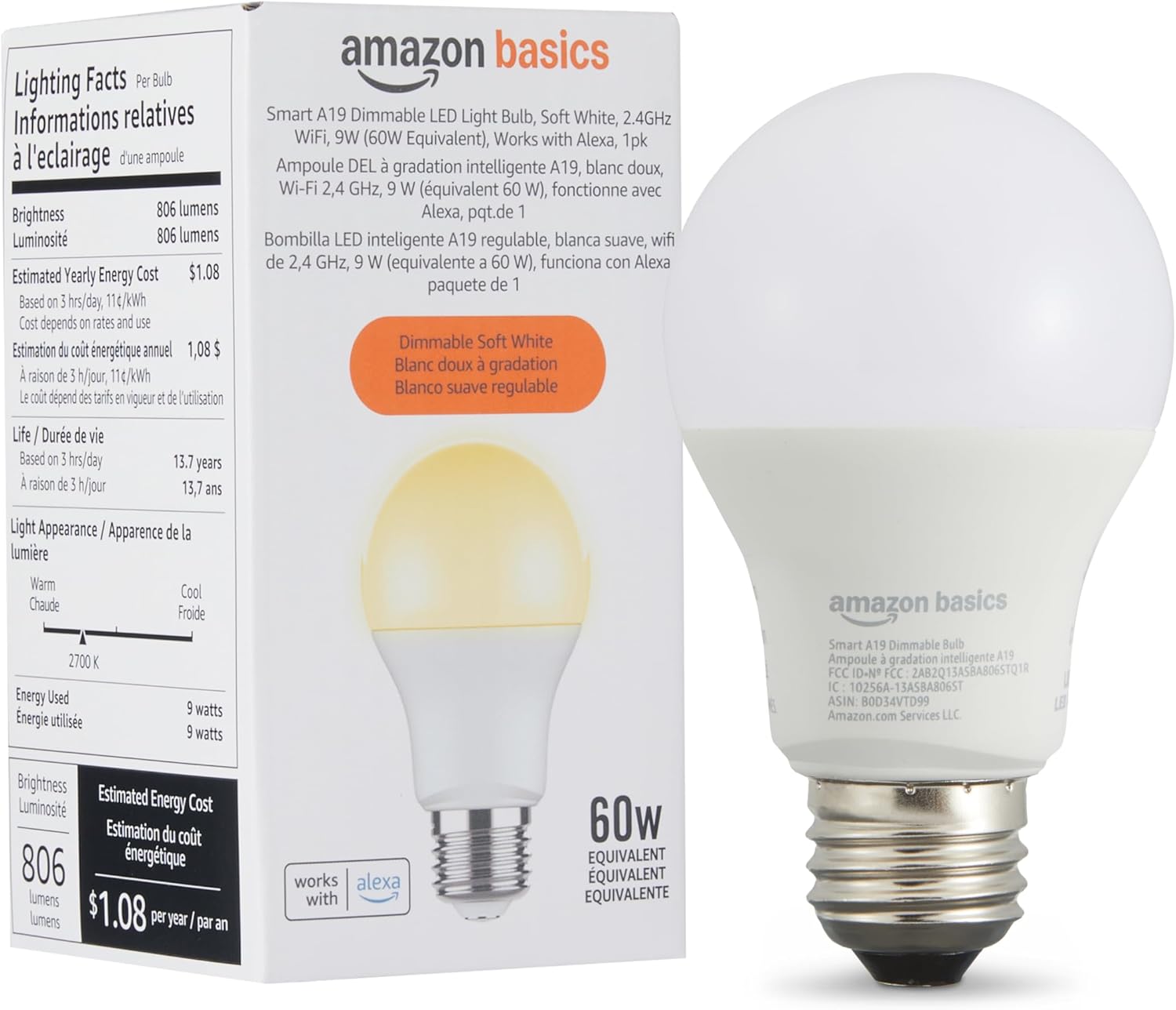 Amazon Basics Smart A19 LED Light Bulb, Dimmable Soft White (2700K), 9W (60W Equivalent), 800LM, Works with Alexa Only, 2.4 GHz Wi-Fi, No Hub Required, 1 Pack
