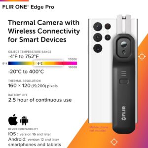 FLIR ONE EDGE PRO – Bluetooth Thermal Imaging Camera for Smartphones. High Resolution (160×120) Connects Wirelessly and Compatible with all iOS and Android devices .