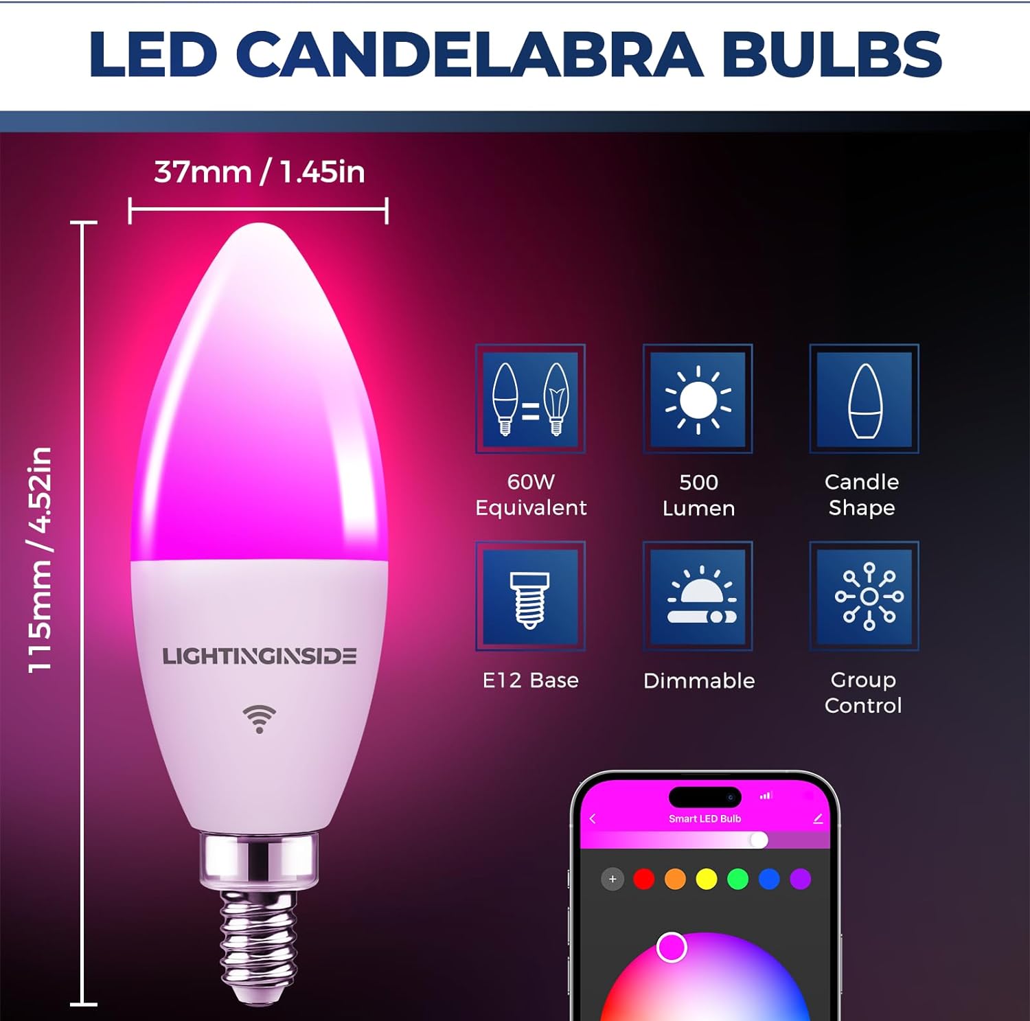 E12 Smart Bulb 60W Equivalent, 500LM 6W WiFi Candelabra LED Light Bulb Compatible with Alexa/Google Home, No Hub Required, RGBCW Chandelier Candle Bulb, 2.4G WiFi Only, ETL Listed, 3PCS - Image 2